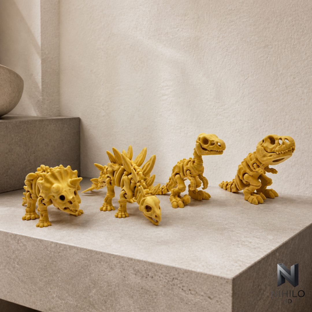 NIHILO 3D dinosaur skeleton toys on a minimal stone display