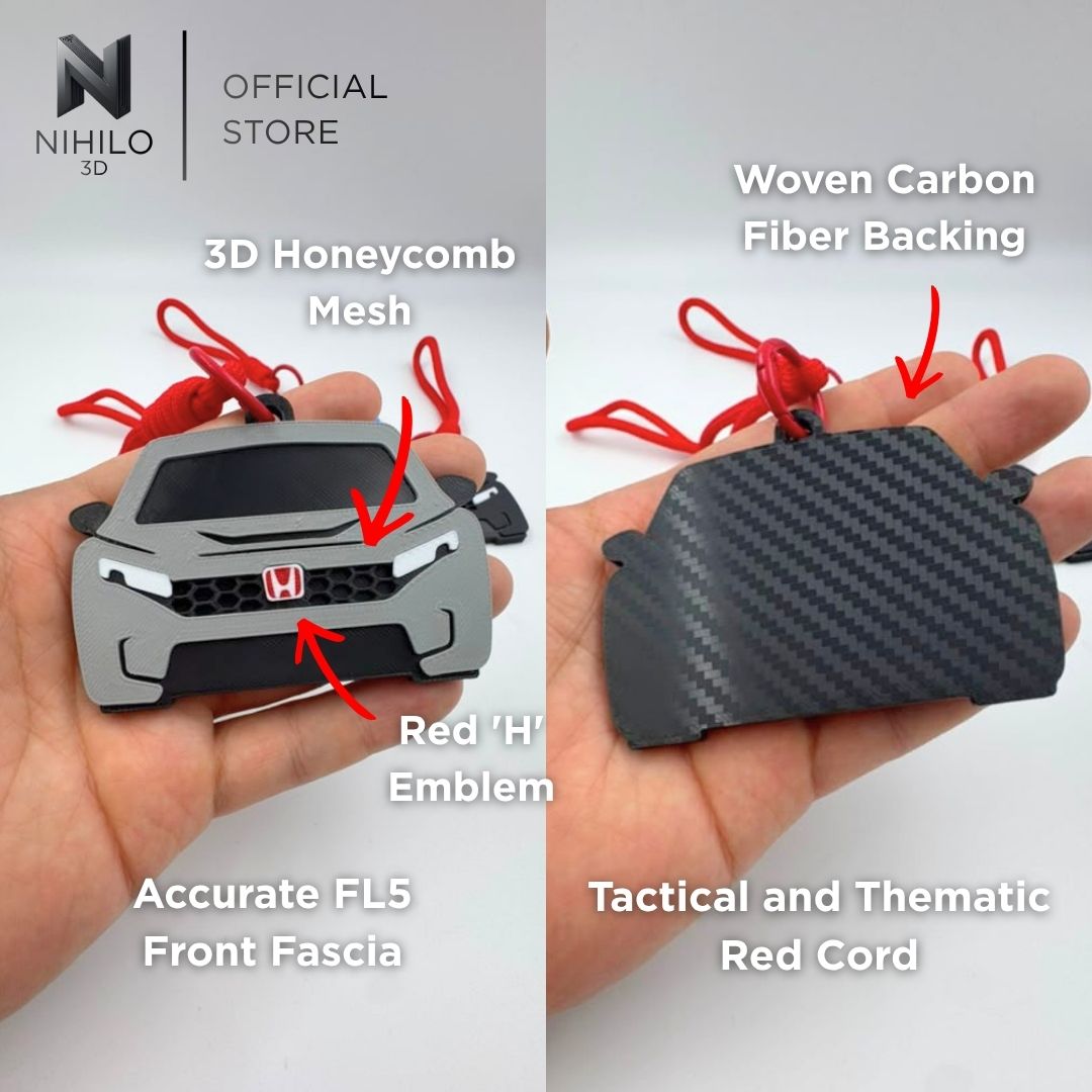 Civic Type R (FL5) FrontView Pendant & Rearview Mirror Charm — Real Carbon Fiber Texture Backing with Red 'H' Badge