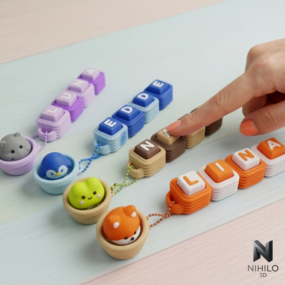 NIHILO 3D clicker keychains on a calm minimal desk