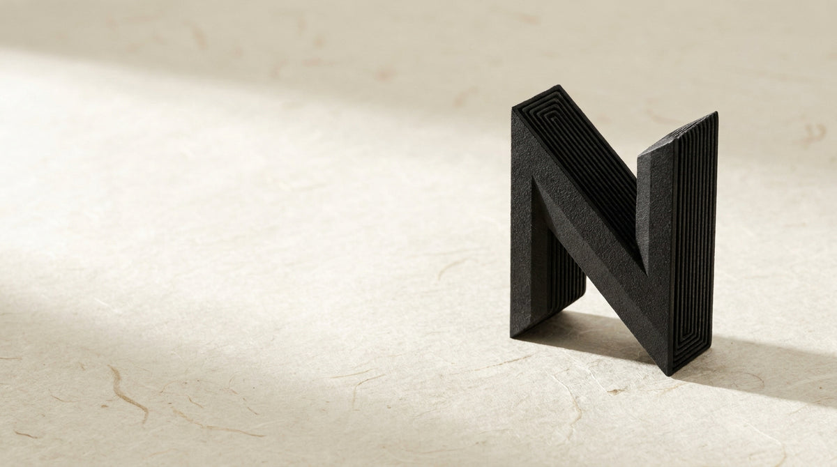 NIHILO 3D sculptural N logo on a warm stone surface